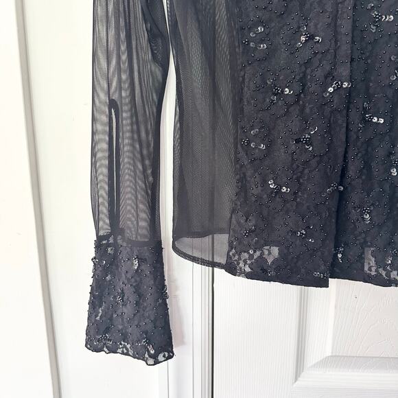 INC Petites Vintage Black Mesh Lace Sequin Trim Collared Buttondown Blouse Small - Picture 4 of 8
